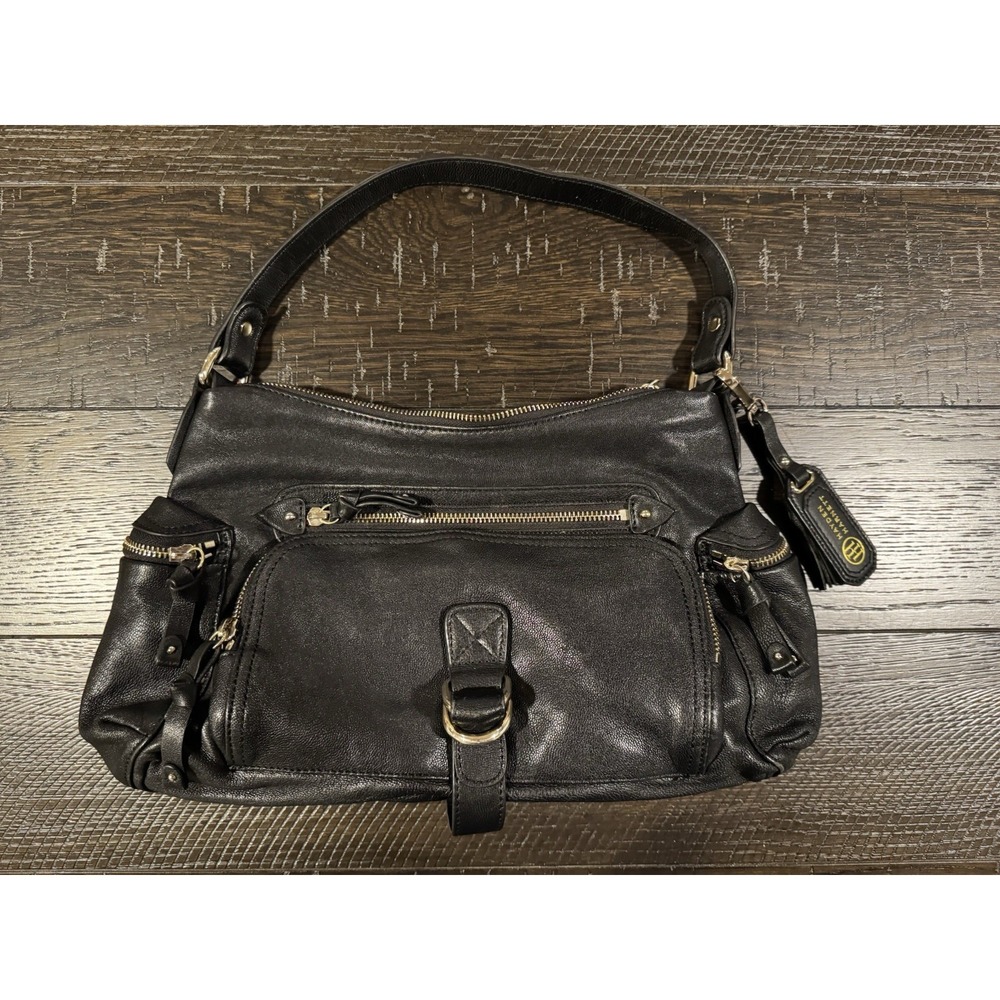 Hayden Harnett Women's Black Leather Handbag Satchel Gold Hardware Logo